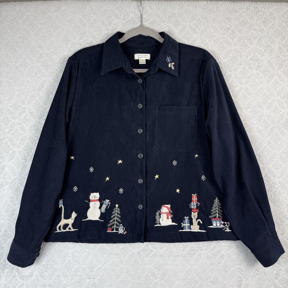Vtg Christmas Cats Shirt Jacket Womens L Embroidery Grandma Holiday Faux Suede